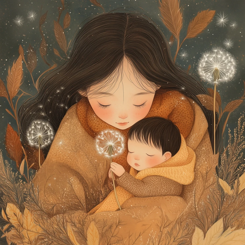 母亲怀抱婴儿轻抚蒲公英