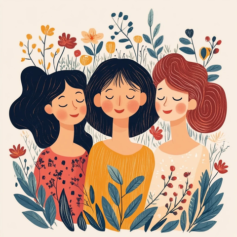 三位好友微笑花束插画