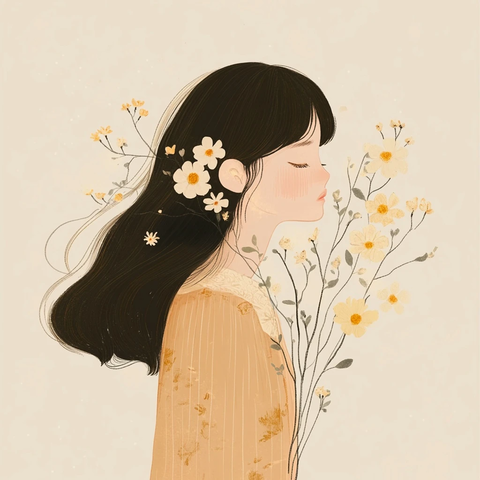 女孩胸前盛开花朵