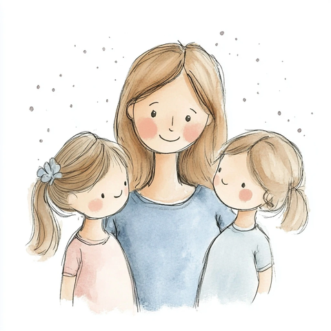 母女三人温馨水彩插画