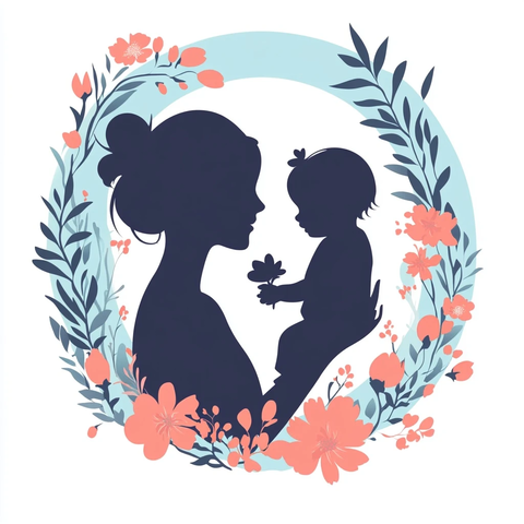 母亲节温馨母女剪影与花束