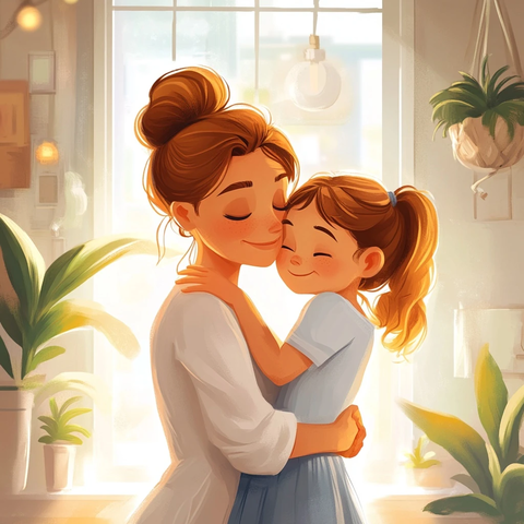 妈妈拥抱害羞小女孩