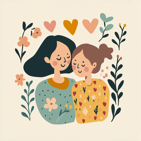 母女幸福相拥简约插画