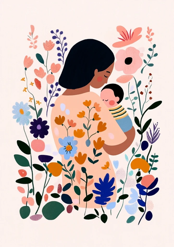 母亲抱双胞胎婴儿与花