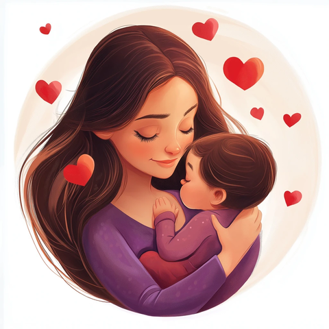 母亲怀抱婴儿红心环绕