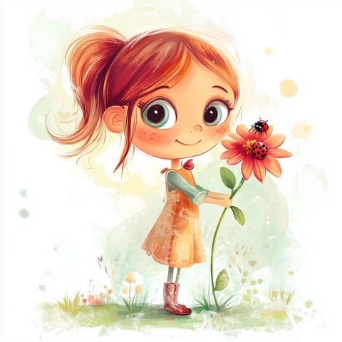 女孩持花与小瓢虫