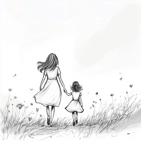 母女手牵手走向草地