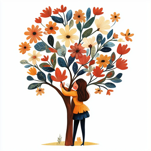 女人拥抱树木花朵插画