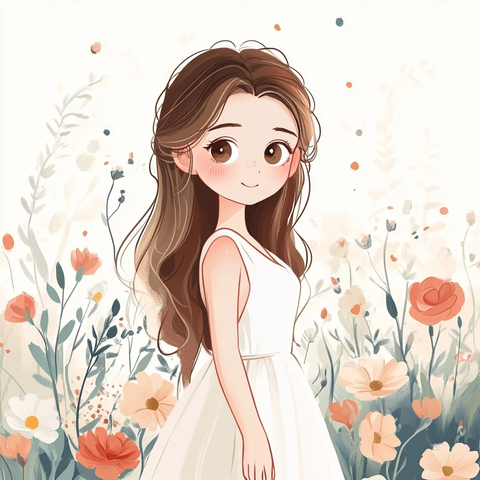 白裙女孩花朵背景插画
