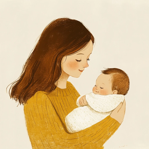 母子同框黄衣母亲白毯婴儿