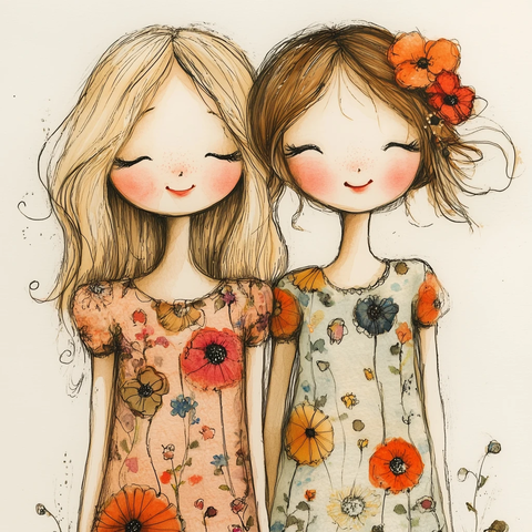 两位好友穿花裙微笑相拥