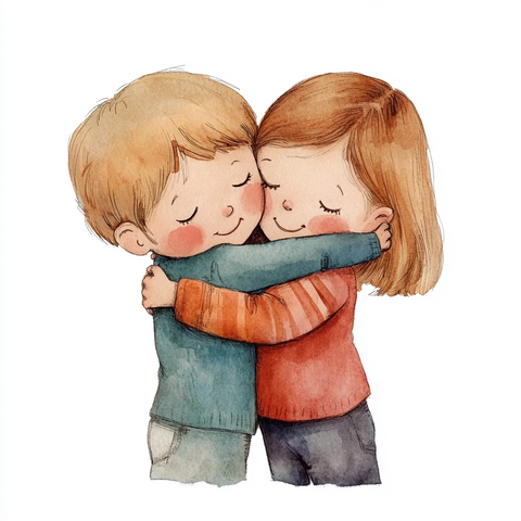 儿童拥抱水彩插画