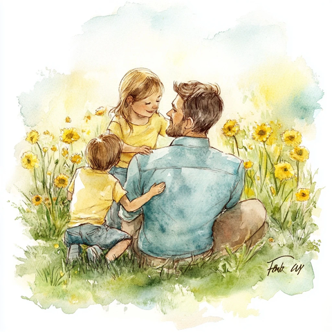 父亲节水彩插画亲子时光