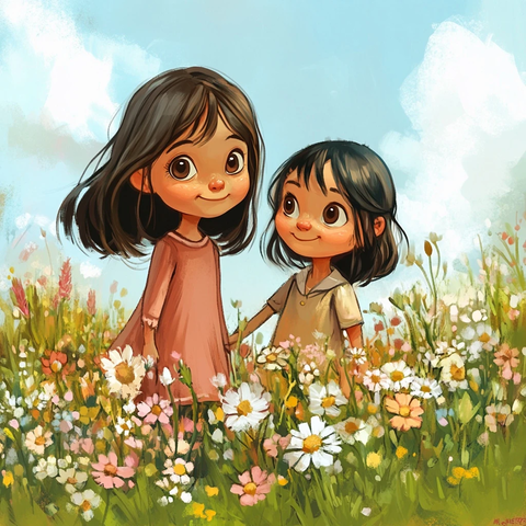 两女孩花田中站着