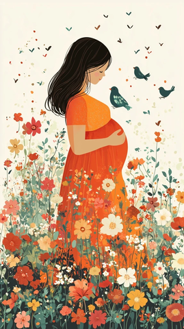 花鸟环绕孕妇插画