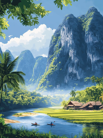 山水间的村庄与河上小船的美丽风光