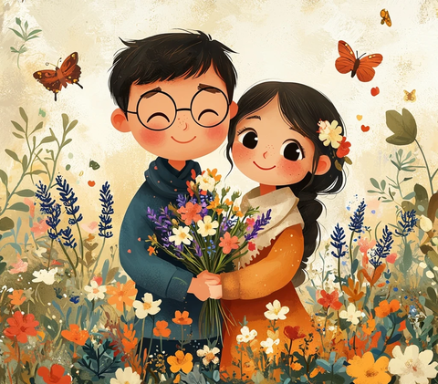 两人种花蝴蝶环绕