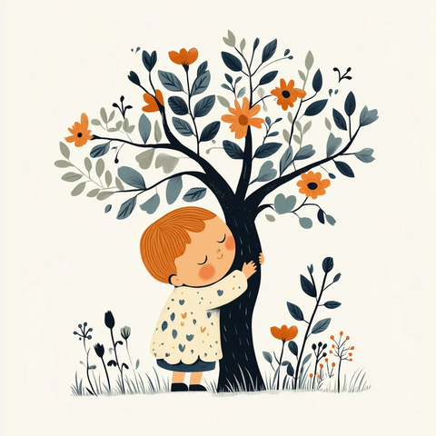 宝宝抱树花朵插画