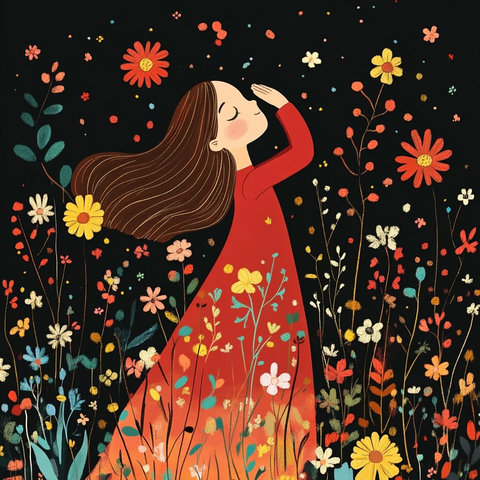 女孩穿红裙抬头花丛中