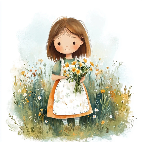 女孩采花穿围裙连衣裙