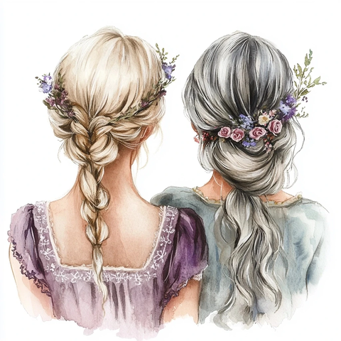 母女背影鲜花发饰复古裙