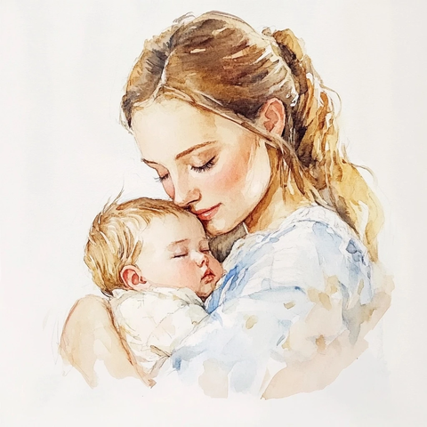 母亲怀抱熟睡婴儿