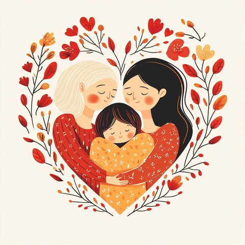 三代女性拥抱构成爱心
