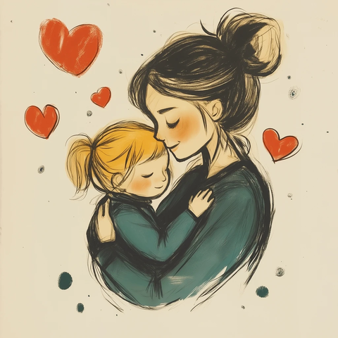 母亲拥抱女儿几何插画