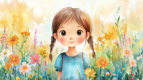 女孩站在多彩花丛中