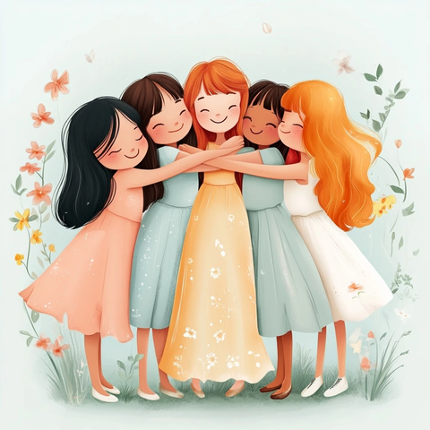 五个女孩拥抱问候