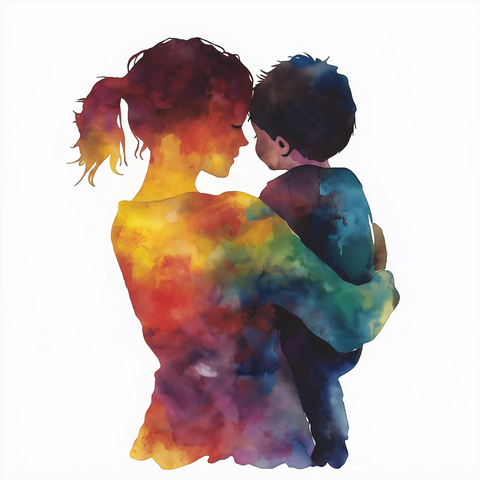 妈妈拥抱男孩水彩插画