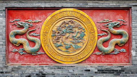 砖墙上带有双龙戏珠图案的浮雕