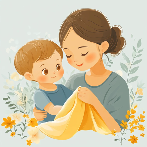 母亲用毛巾擦宝宝手