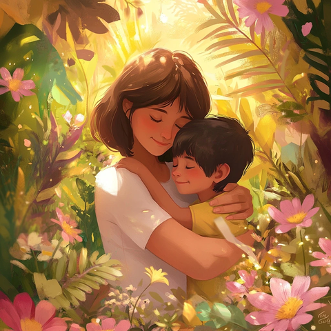 温馨母子拥抱花丛中
