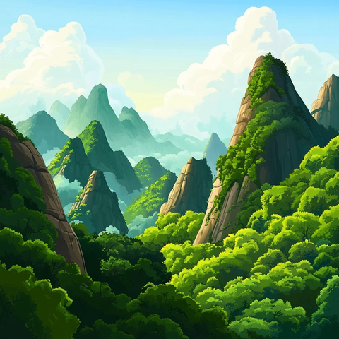 群山翠林自然风景全景图