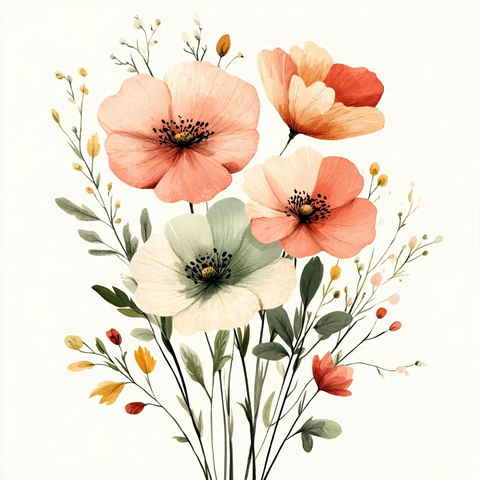 水彩花卉粉绿黄调