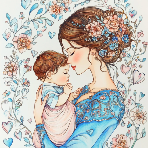 母亲抱婴儿花丛中心