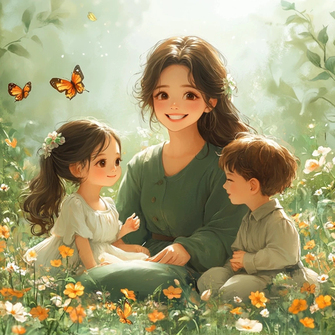 妈妈与孩子草地玩耍