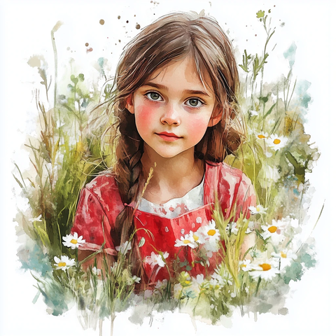 花园中的岁女孩水彩画