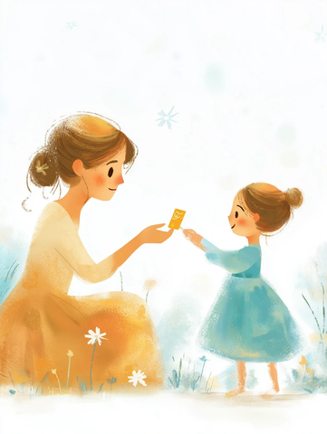 幼儿递磁卡给微笑的母亲