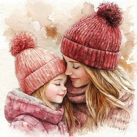 母子拥抱戴帽插画