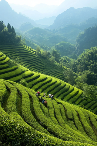 山间茶园中人们劳作的美丽景象