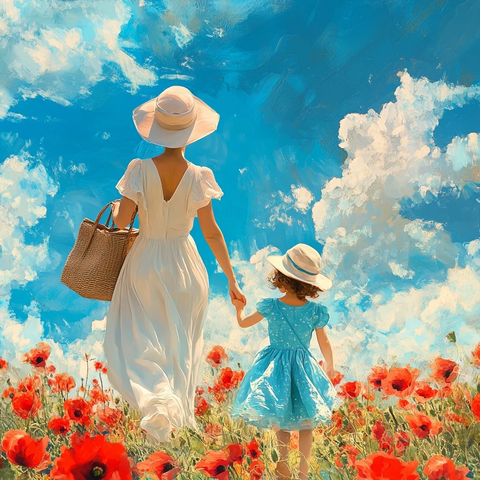 母女白裙牵手花园