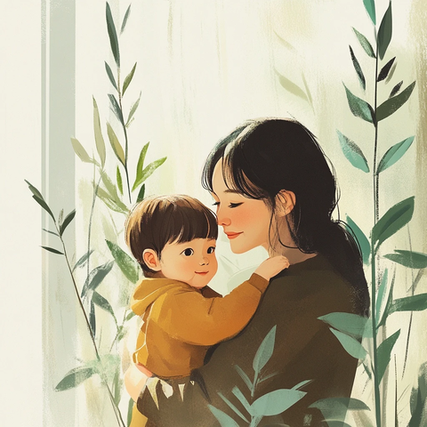 亚洲女人抱小孩绿色植物