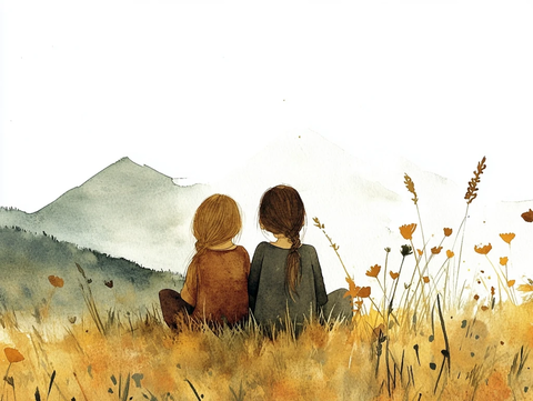 姐妹依偎远眺春日山景