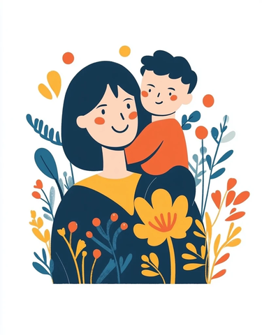 母亲肩上孩童与植物插画