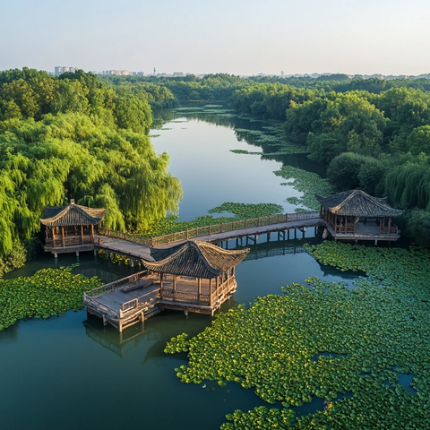 水上古亭廊桥风光尽显江南水乡之美