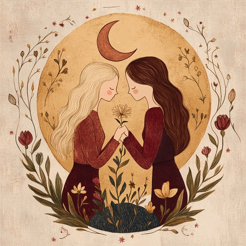 双人插花与新月纹样