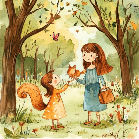 母女散步蝴蝶停肩上