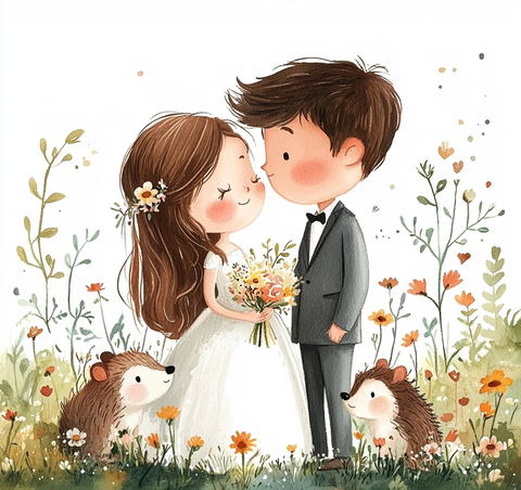 婚礼卡通新娘新郎花丛动物